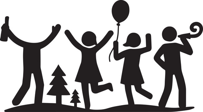 Celebration Party People With Balloon Horn and Bottle Iconography