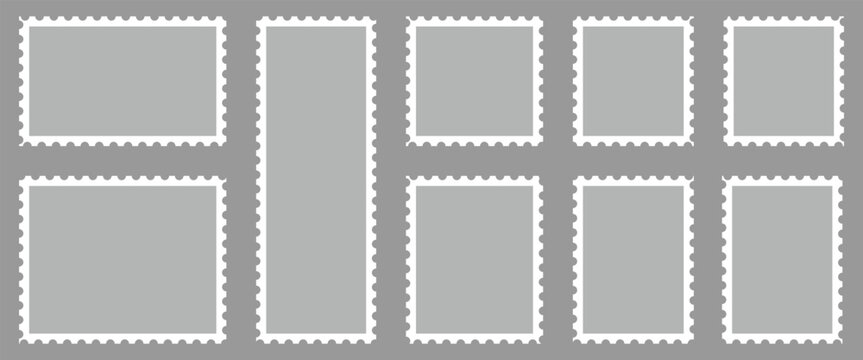 Collection of blank postage stamp design set are used for sending letters and parcels via a postal system, design and marketing material. Postage template isolated on gray background.