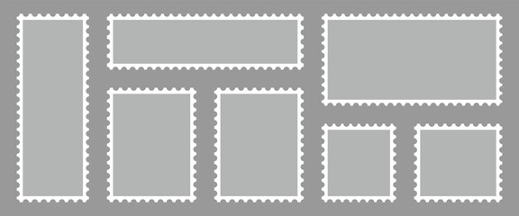 Fototapeta premium Rectangular postage labels collection designed for mail and postal service. Blank postal stamp isolated on gray background. Vector illustration.