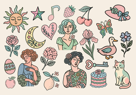 Whimsical Pastel Vintage Illustrations Element Set