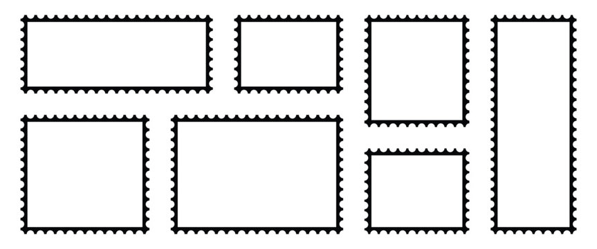 Black and white Postage stamp borders used for product branding stickers, digital interfaces, marketing and mailing Services.