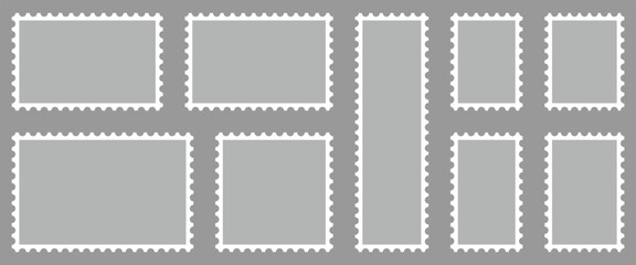 Obraz premium Flat vector post stamp icon set on gray background. Postage icon for delivering mail, letters and packages.