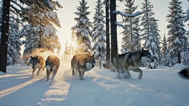 A pack of wolves running through a snowy forest at sunrise, kicking up snow as they move swiftly.