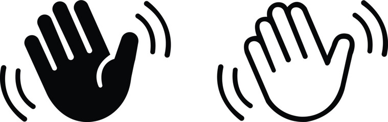 Waving hand icon set. Hand hello, bye hand, welcome, goodbye, gesture - stock vector. Vector illustration of a waving hand gesture in solid black and outline versions, isolated on a transparent backgr © Rizwat