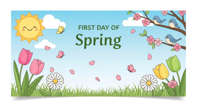 First day of spring illustration with smiling sun flowers and birds on a branch