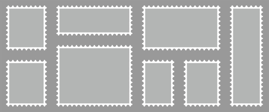 Flat vector post stamp icon set on gray background. Postage icon for delivering mail, letters and packages.