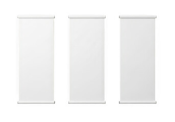 Three blank white vertical banners standing side by side on a plain background