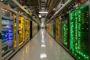 Fototapeta premium Futuristic Neon Lit Corridor in Data Center