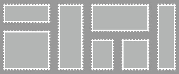 Obraz premium Set of gray blank postage stamps in flat design ideal for creating stamp effect on images, e-commerce and advertising, and digital or physical postal service.