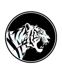 Obraz premium Striking white tiger head illustration featuring aggressive roar and sharp lines within a black circular emblem design graphic for modern branding purposes.