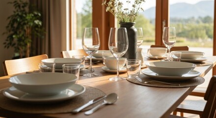 Fototapeta premium Elegant dining table set for a meal, with glasses, dishes, and a view