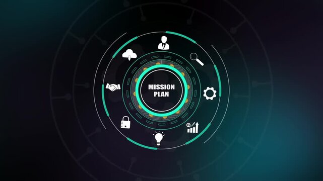 Mission plan strategy, digital business goal icons on HUD interface, corporate networking roadmap, professional success development system.