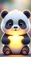 Fototapeta premium Cute panda bear holding glowing star.
