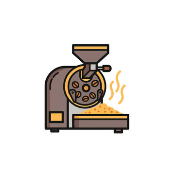 Industrial coffee roaster machine with roasted beans flat icon