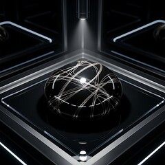 black ball with white lines on metal platform in dark room