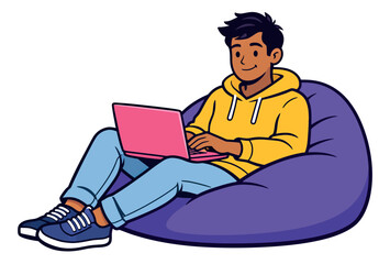 Modern line art cartoon illustration of a young man depicting remote work and relaxation for casual lifestyle and technology use