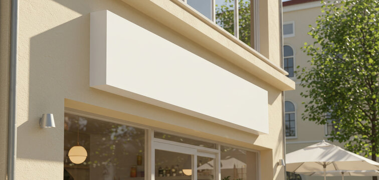 White blank storefront sign mockup on building facade. Empty commercial signage for store logo display. Brand identity template.
