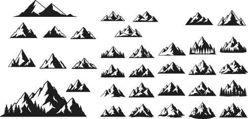 Obraz premium Mountain range silhouettes with pine trees set, peak summits and snowy hills landscape, cad drawing flat vector illustration, outdoor nature and climbing icons