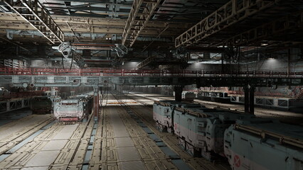 Fototapeta premium Silent depot storing decommissioned trains with neat rows of idle carriages, low light accentuates rust and form, atmosphere of pause and industrial memory