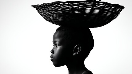 Silhouette of a Child Carrying a Basket Representing Poverty and Child Labor in a Striking Contrast of Light and Shadow