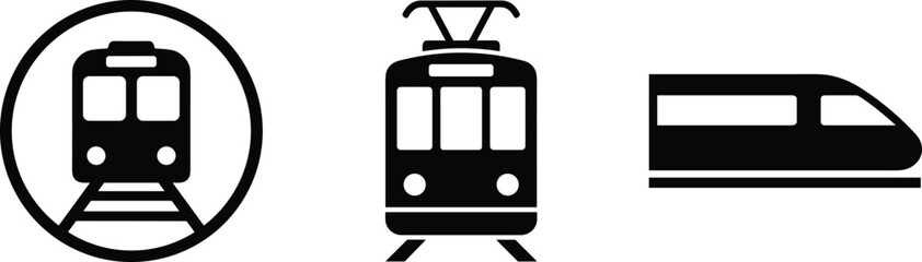 Public transport silhouette set with subway train, electric tram, and high speed bullet train, cad drawing flat vector illustration, urban transit logistics icons © RIPON