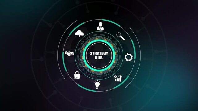Strategy hub planning, digital business development icons on HUD interface, corporate success roadmap, professional marketing center.