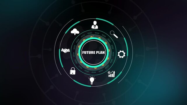 Future plan strategy, digital business development icons on HUD interface, corporate success roadmap, professional marketing innovation.