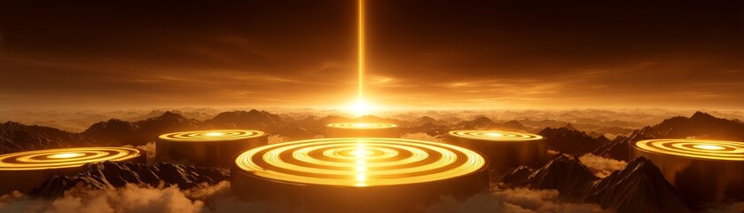 Panoramic View of Golden Targets Against a Dramatic Horizon, Symbolizing Goal Setting and Strategic Success in an Inspiring Landscape