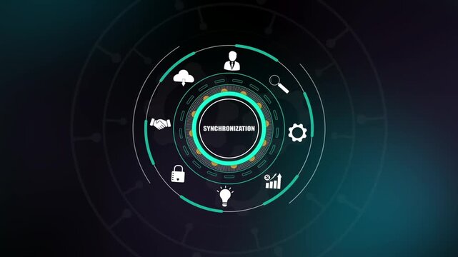 Synchronization strategy, digital data alignment icons on HUD interface, corporate workflow integration, professional systems management.