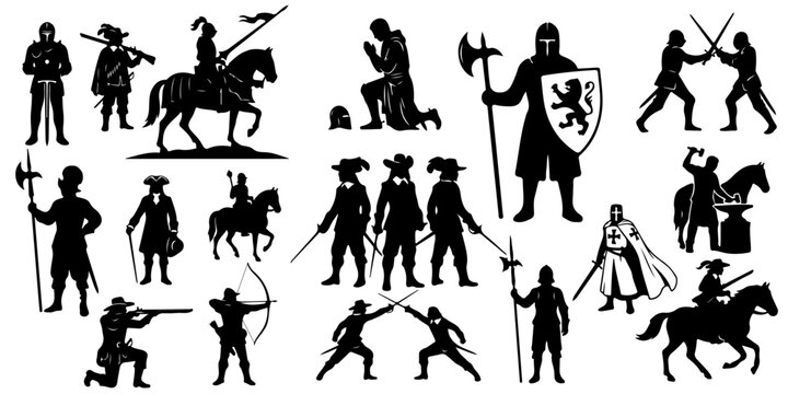 Huge set of medieval knight and historical warrior silhouettes, featuring cavalry, archers, musketeers, blacksmith and combat scenes isolated
