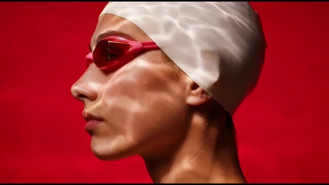 Woman in white swim cap and red goggles against red background