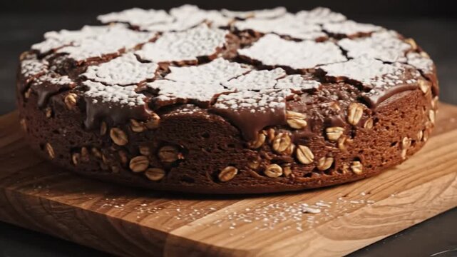 Delicious chocolate oat cake, dusted with powdered sugar, sitting on a wooden cutting board, close-up shot.