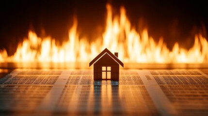 Housing Market Affordability Crisis, A Small Wooden House Model Surrounded by Blazing Flames with Real Estate Documents Being Consumed in the Background, Symbolizing Financial Destruction and Loss
