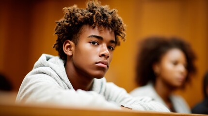 A Sad Teenager in a Courtroom Setting with a Social Worker, Capturing the Emotional Weight of Youth in Legal Proceedings