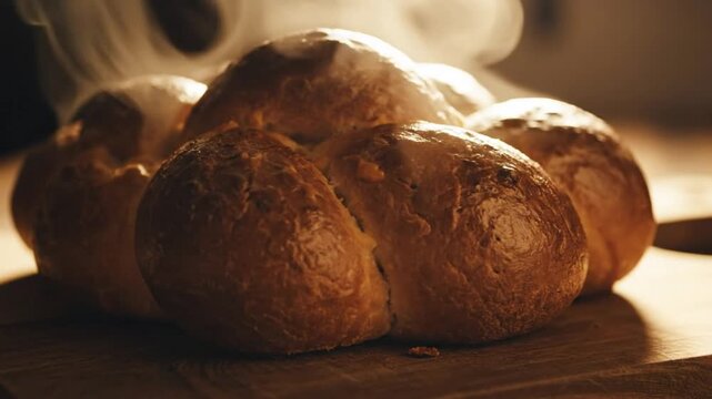 Freshly baked golden challah bread steaming gently on a wooden cutting board in warm light.