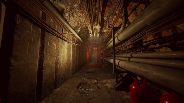 Dim industrial tunnel with rusted pipes, wet floor and emergency extinguisher under low amber light, corroded valves and insulation, maintenance inspector