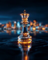 Towering Crystal Chess Piece with Strategic Thinking Concept Against a City Nightscape Background Highlighting Innovation and Creativity in Decision Making
