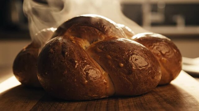 Close-up of freshly baked challah bread steaming on a rustic wooden cutting board in warm kitchen lighting