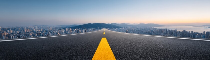 Panoramic View of a Golden Road Leading Towards Success Against a Majestic City Skyline at Dawn