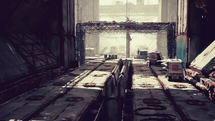 sunlit industrial loading bay with twin tracks and stacked crates, dust motes drifting through large window, cracked concrete floor, rusted rails, faded