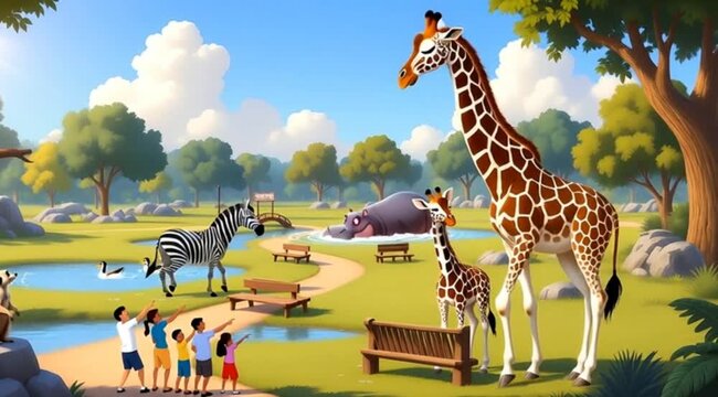 Cartoon zoo animals and people in park