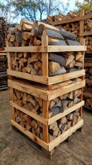 Stacked Firewood Logs in Wooden Crates Outdoors.
