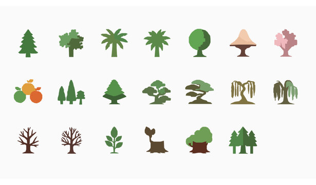 Minimal Flat Tree Icon Collection with Woodland, Jungle, and Decorative Elements