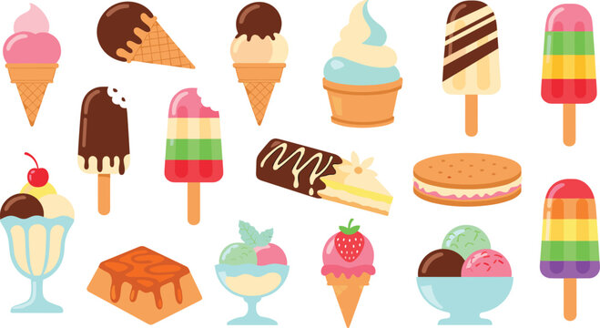 Assorted Ice Cream and Popsicle Vector Set with Chocolate, Rainbow Bars, Sundae Cups and Colorful Frozen Desserts