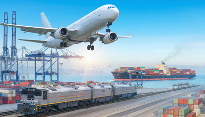 Fototapeta premium Global Logistics and Transportation Network with Cargo Plane Ship and Train