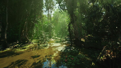 warm golden light over shallow pond with dense vegetation and long shadows, textured water surface and leafy canopy, intimate natural scene ideal for editorial © icetray