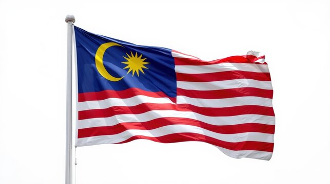 The malaysian flag waving in the wind against a white background