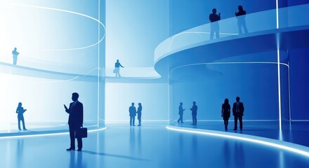 Obraz premium Futuristic Business Hub with Silhouetted People in Modern Architecture