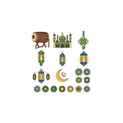 Naklejka premium Vibrant Islamic celebration elements with mosque, lanterns, and traditional decorations