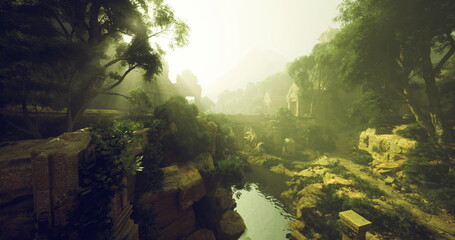 Narrow stone bridge over deep gorge with dramatic cliffs and filtered sunlight scene suggests backpacker crossing, rope expedition and adrenaline travel vibe. © icetray